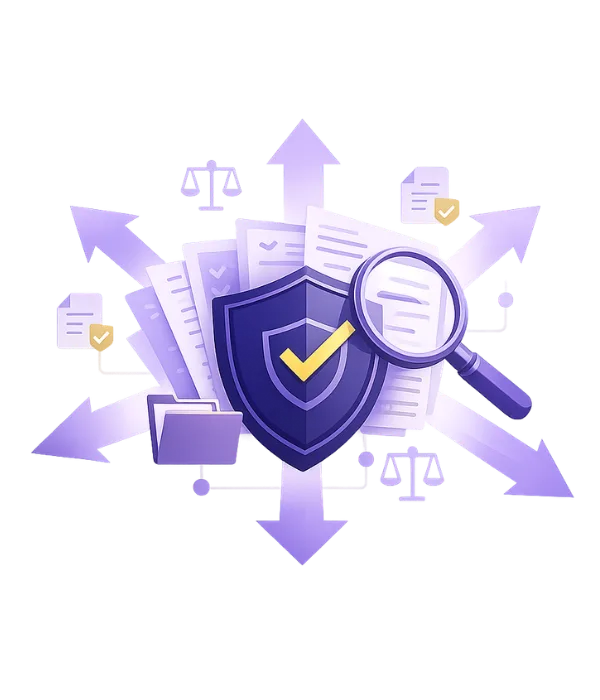 Illustration of documents, a shield with a tick, a magnifying glass, folders, and legal icons, symbolising data protection, verification, and compliance.