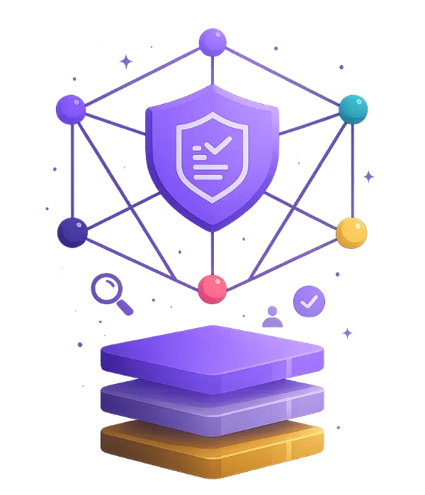 evidence-based governance framework with five interconnected domains, three document layers, and defensibility architecture