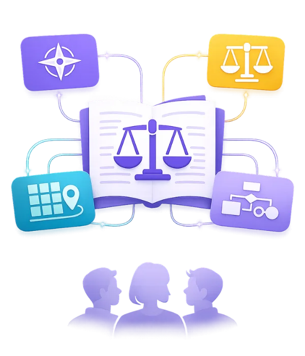 Illustration of an open book with a scales of justice icon, connected to symbols for law, navigation, organisation, and alliances, with silhouettes of three people below.