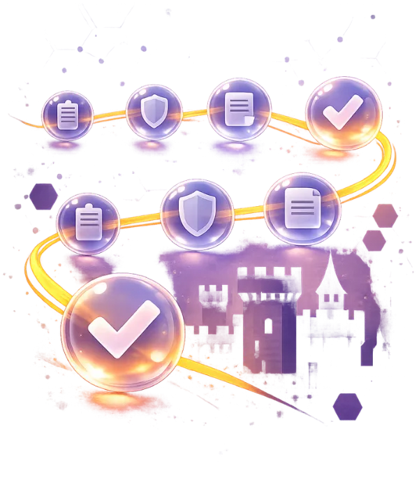 A series of translucent spheres with tick-list, shield, and document icons connected by glowing lines, with a castle silhouette in the background.