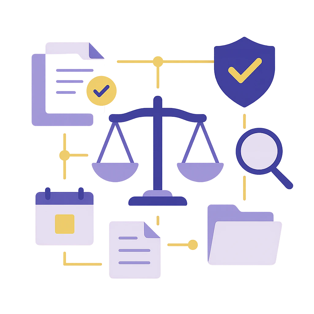 Balanced scales among documents bearing ticks, a shield, a magnifying glass, a calendar and a folder, connected by fine lines — a record assembled before it is needed.