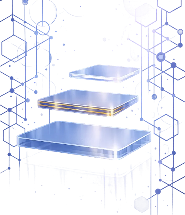 Three transparent, glass-like rectangular slabs float above each other against a white background with blue geometric hexagonal and line patterns.