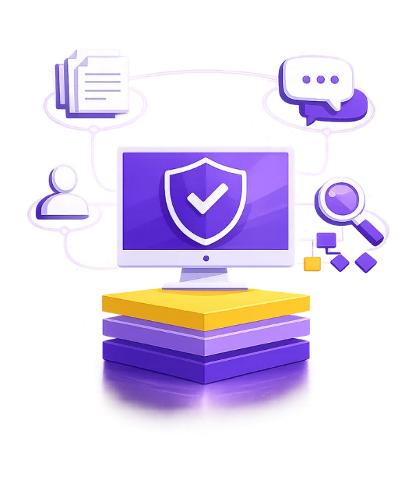 Illustration of a computer monitor with a shield and tick, surrounded by icons for documents, chat, user, and magnifying glass, symbolising digital security and data management.