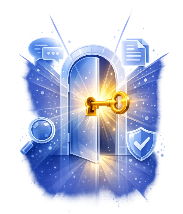 Illustration of a glowing golden key unlocking an open door, surrounded by icons of a chat bubble, document, magnifying glass, and shield.