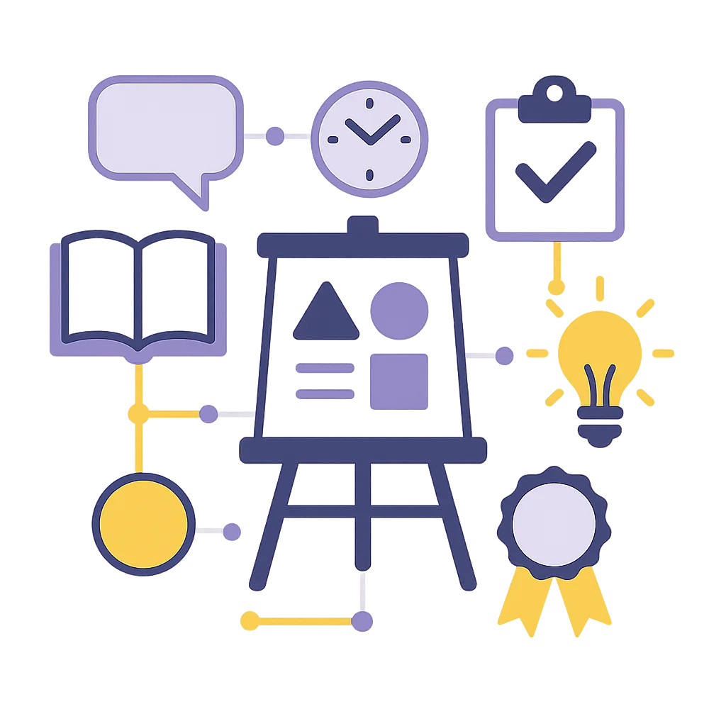 A presentation easel with an open book, speech bubble, clock, clipboard, lightbulb and certificate, linked by thin connector lines — a facilitated learning space.